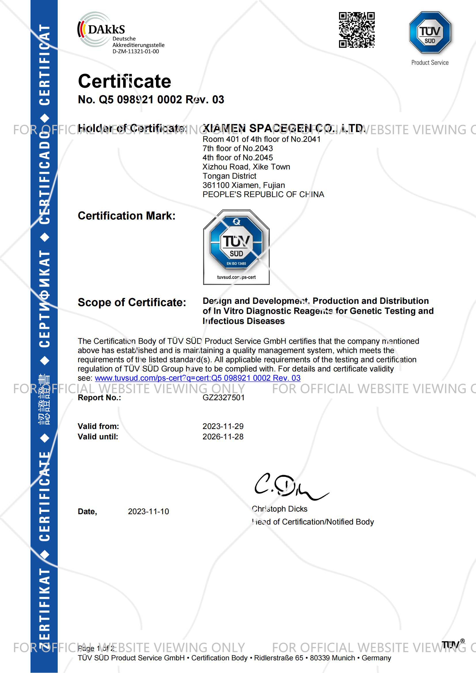 TUV ISO 13485 Accreditation Certificate